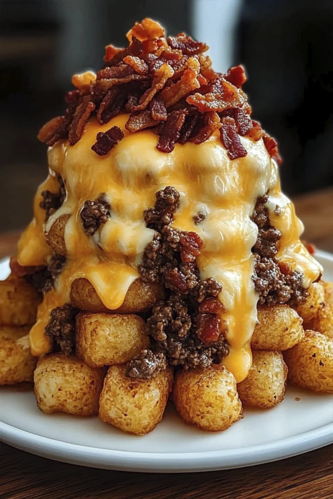 Loaded tater tot tower with melted cheese, ground beef, and crispy bacon on a white plate.
