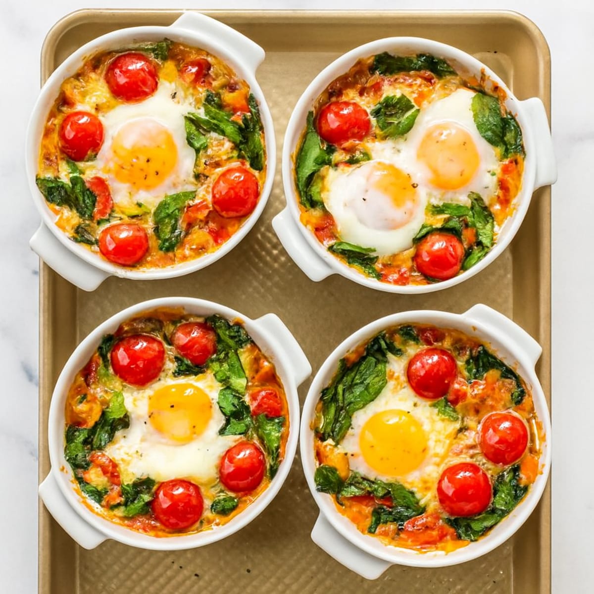 Baked egg with veggies and herbs in a white ramekin served with crusty bread on a white plate.