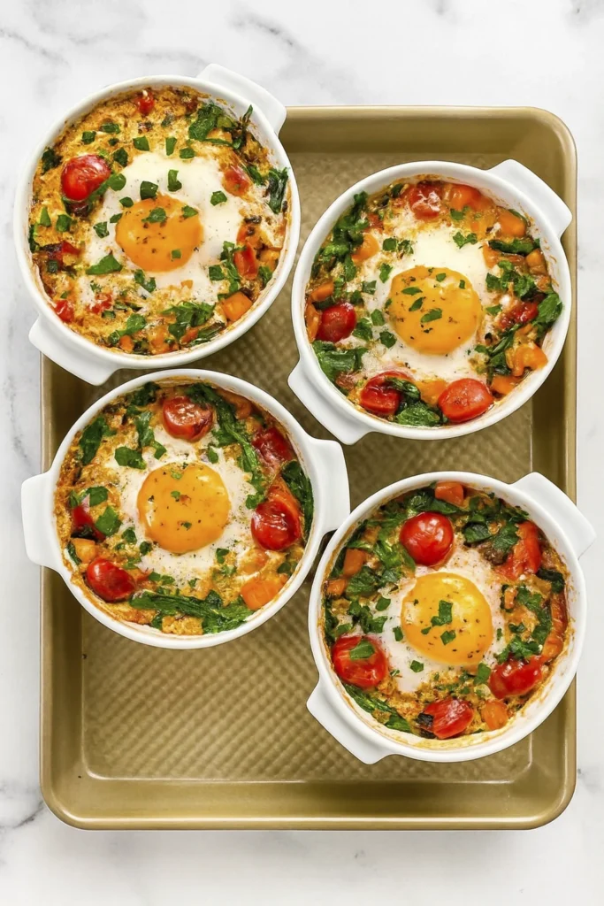 Unbaked vegetable egg cups with raw eggs, tomatoes, spinach, and peppers in white ramekins