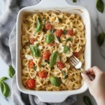 Creamy baked feta farfalle pasta with cherry tomatoes and basil in a white dish