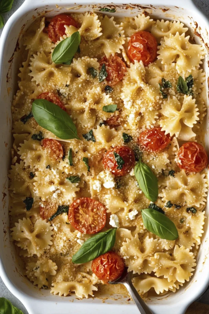 Creamy baked feta farfalle pasta with cherry tomatoes and basil in a white dish