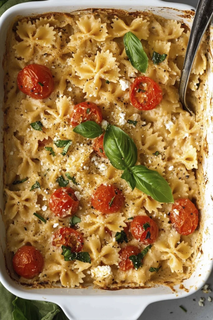 Baked feta pasta with bowtie pasta, roasted cherry tomatoes, and fresh basil in a white baking dish