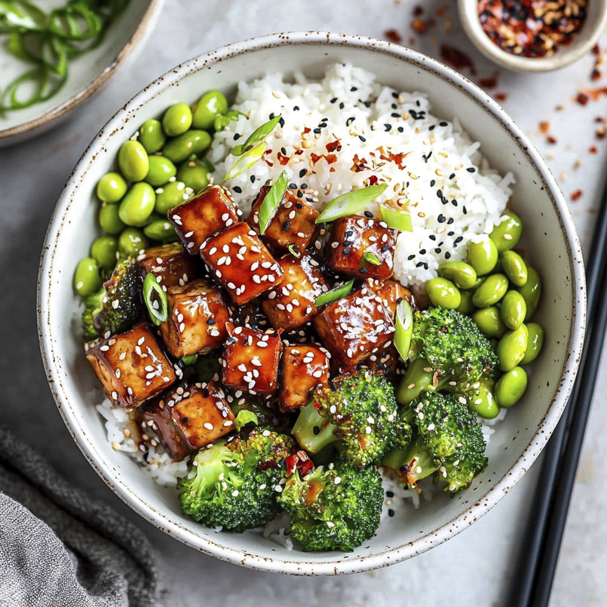Overhead shot of teriyaki tofu rice bowl with broccoli, edamame, and sesame seeds in a white bowl.