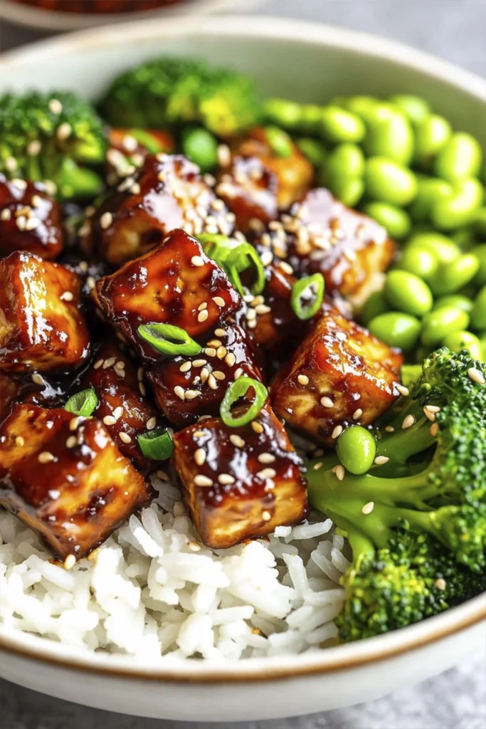 Close-up of sticky glazed tofu rice bowl with broccoli, edamame, and sesame seeds on jasmine rice