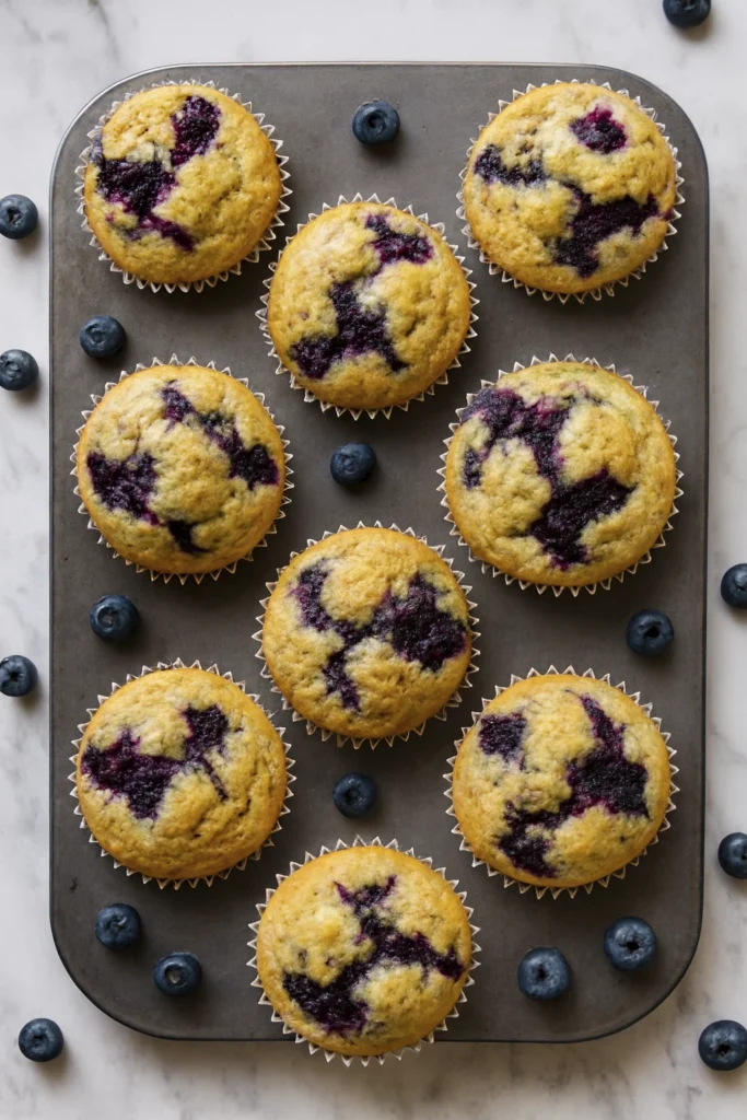 Freshly baked blueberry muffins with golden tops and juicy swirls in a muffin tin