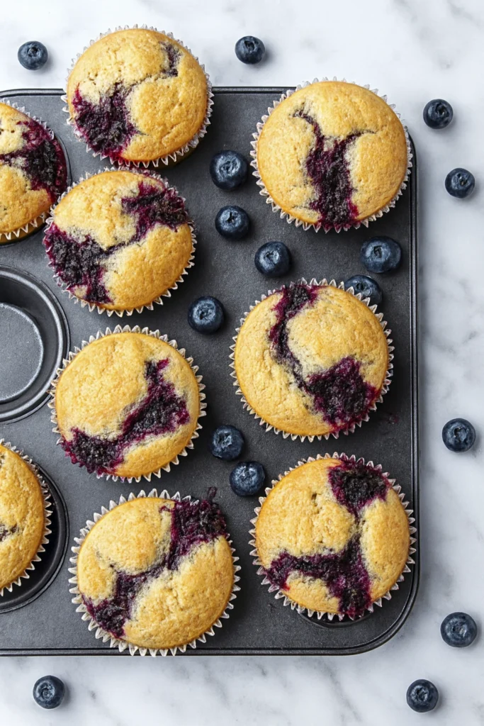 Freshly baked blueberry muffins with golden tops and juicy swirls in a muffin tin
