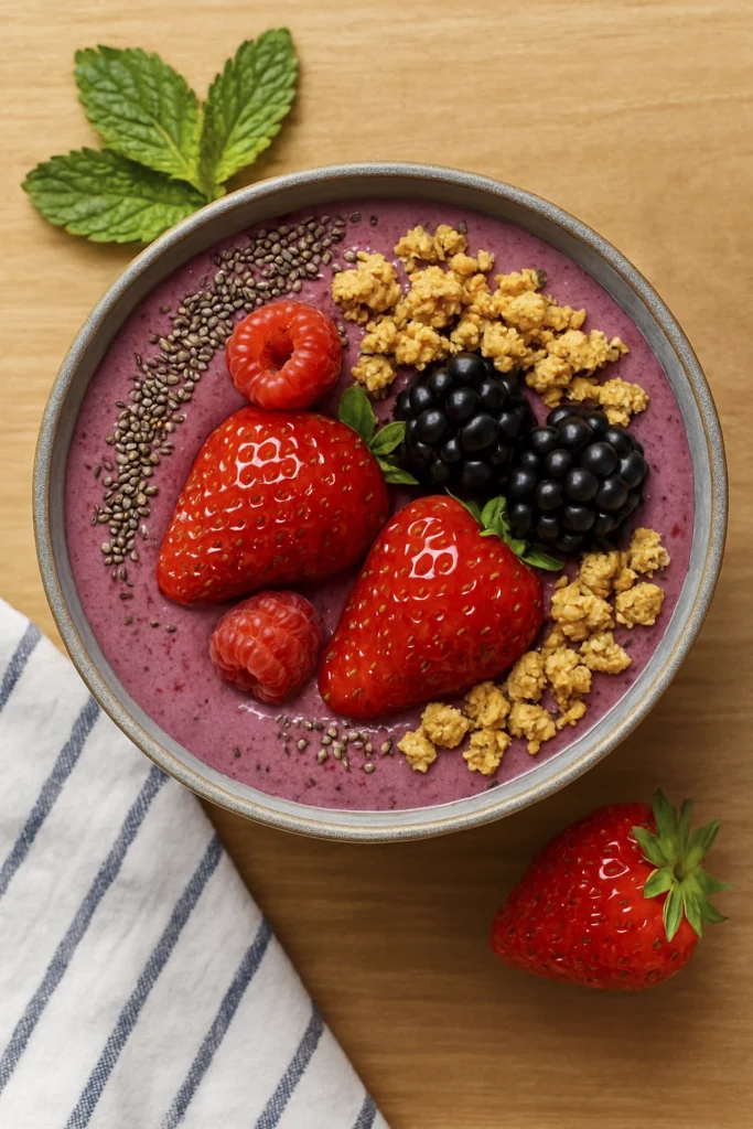 Purple berry smoothie bowl with fresh fruit, granola, and mint on rustic wood background.