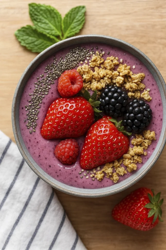Top-down view of a vibrant berry smoothie bowl with fresh toppings on rustic wood.