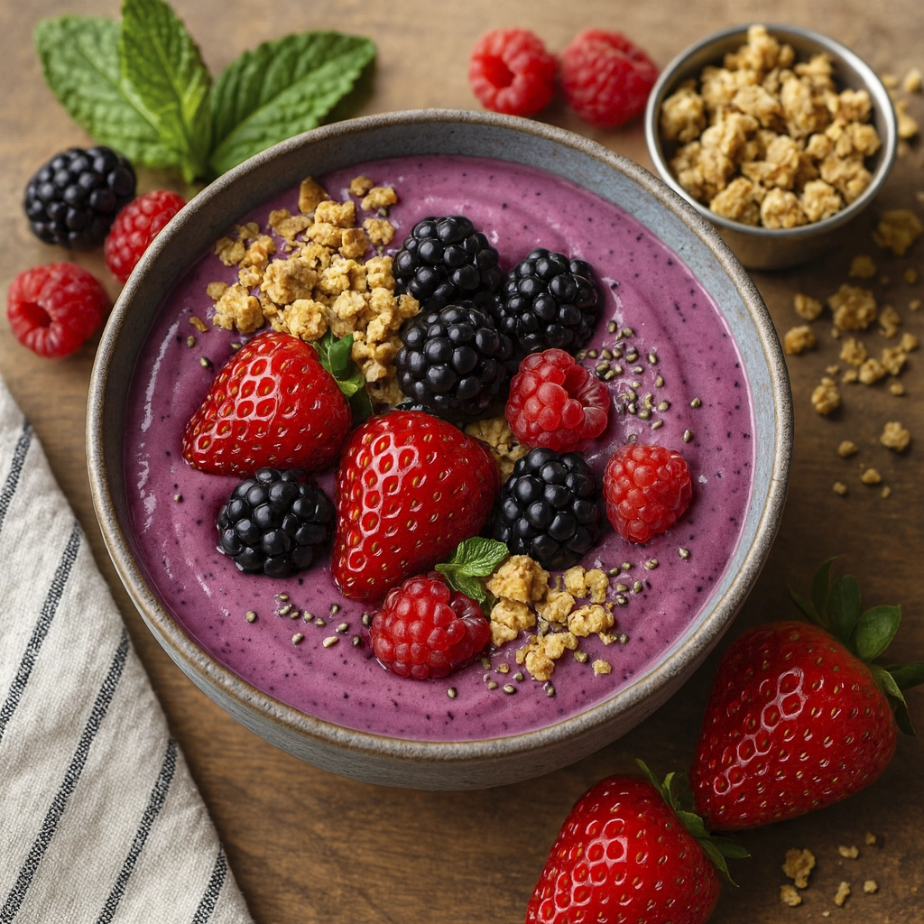 Top-down view of a vibrant berry smoothie bowl with fresh toppings on rustic wood.