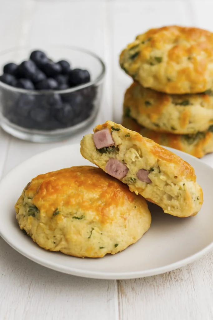 Baked ham and cheese scones with herbs on a tray, topped with melted cheddar