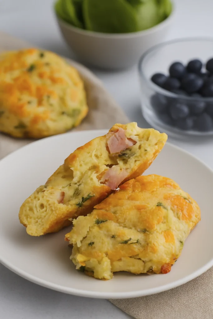 Ham and cheese breakfast scones with herbs on a plate, served with blueberries