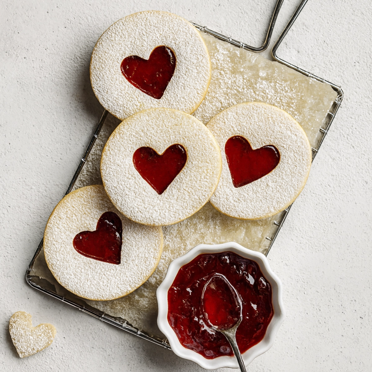 Linzer cookies with heart-shaped centers filled with raspberry jam and dusted with powdered sugar.