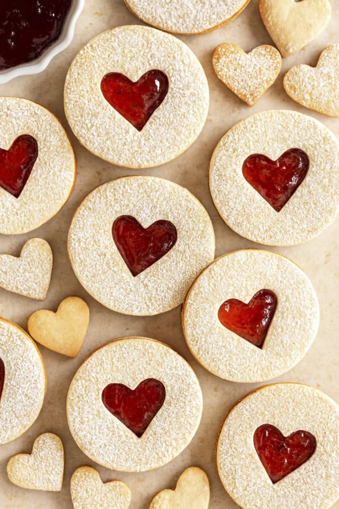 Stack of heart-shaped Linzer cookies filled with red jam and dusted with powdered sugar.