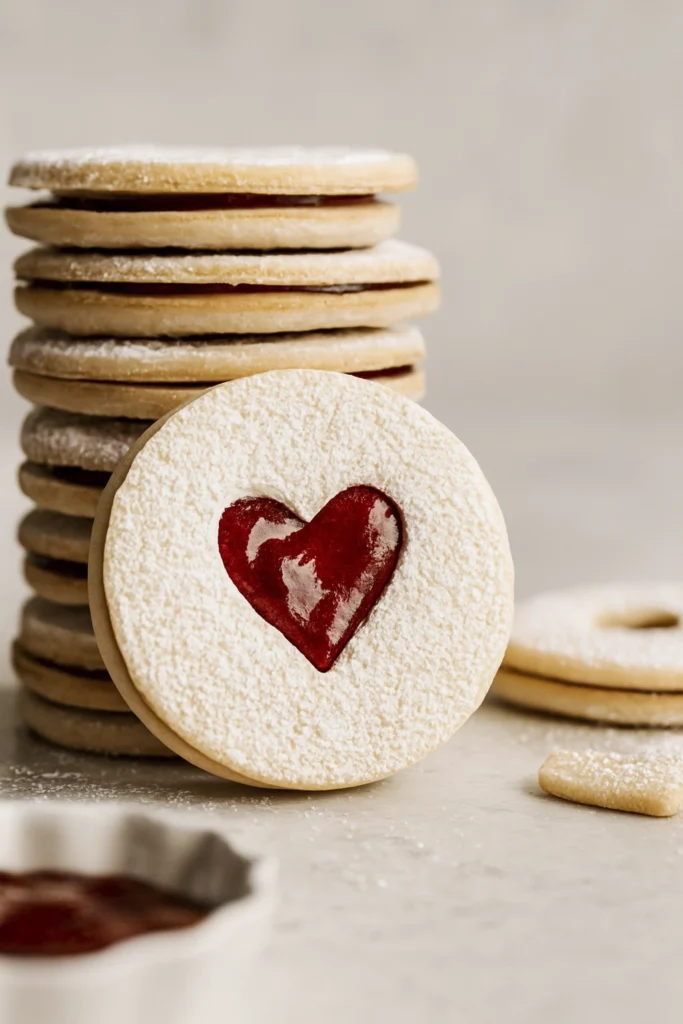 Overhead view of powdered sugar heart-shaped Linzer cookies with red jam and mini heart cookies.