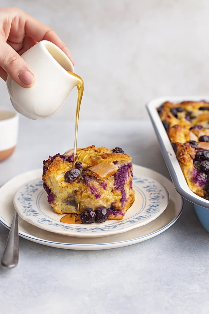 Hand sprinkling sugar over unbaked blueberry bread pudding with cubes of bread, blueberries, and butter in a white baking dish.
