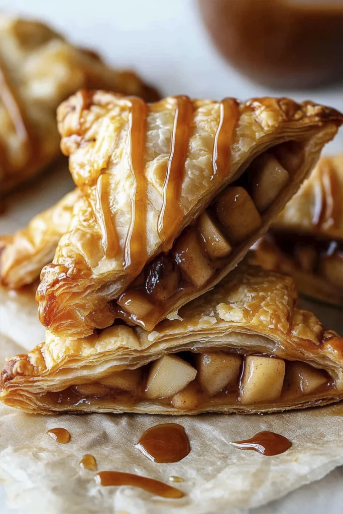Caramel apple puff pastry turnovers with flaky crust and cinnamon apple filling drizzled with caramel sauce.