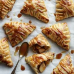 Caramel-drizzled apple turnovers with flaky golden crust and warm apple filling on parchment paper.