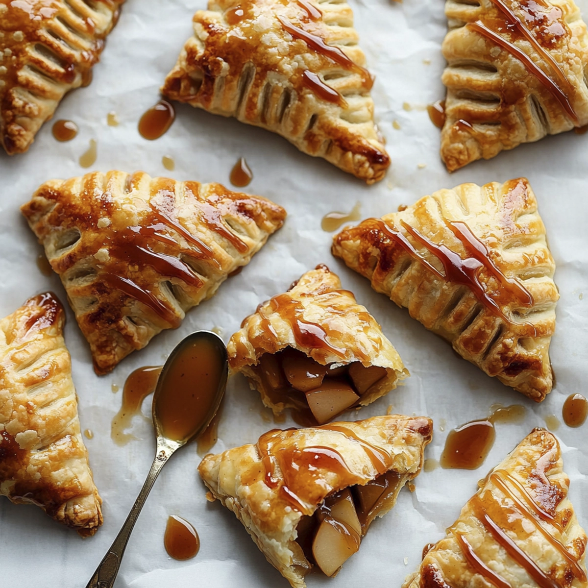 Caramel-drizzled apple turnovers with flaky golden crust and warm apple filling on parchment paper.