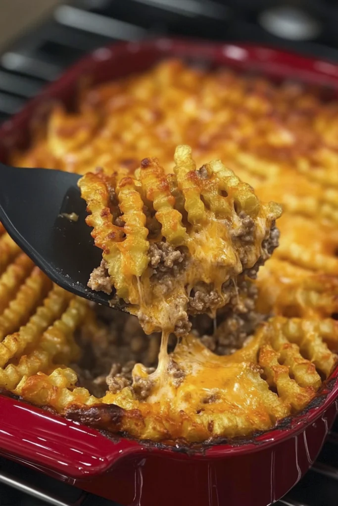 Cheesy casserole topped with crispy golden crinkle-cut fries in a maroon baking dish