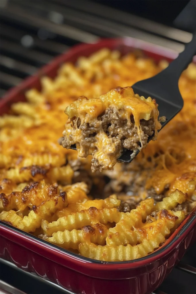 Cheesy hamburger and crinkle fry casserole in a red baking dish with a serving lifted on a spatula