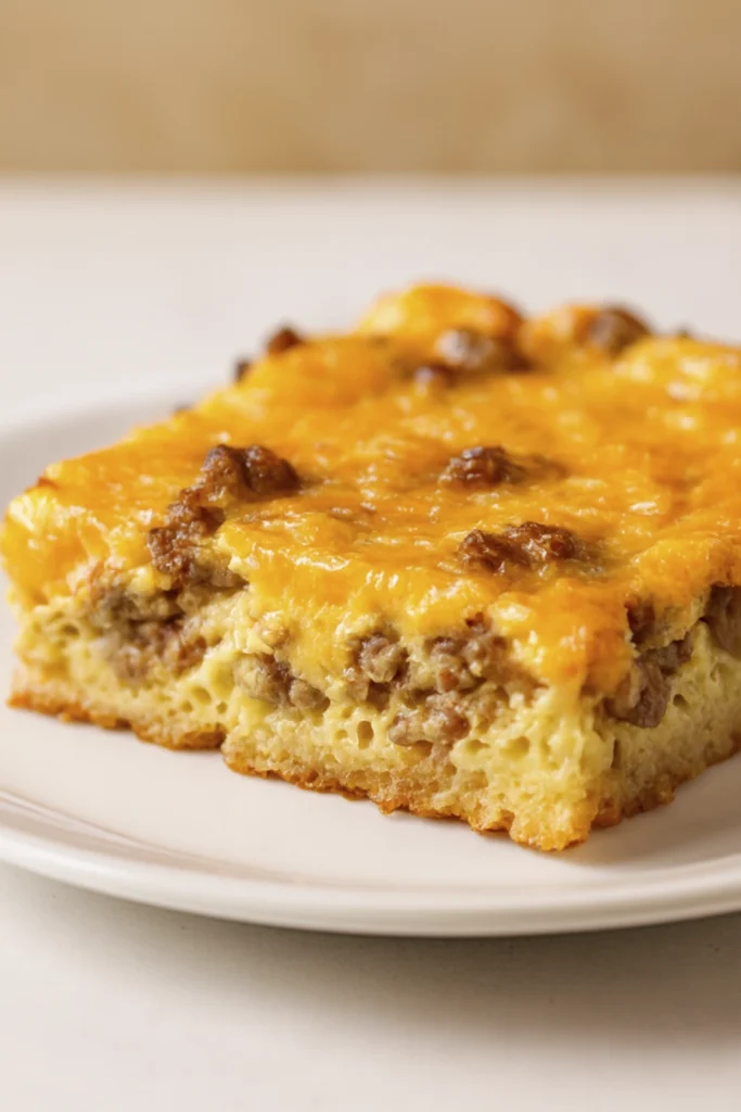 Close-up of a slice of sausage egg and cheese breakfast casserole on a white plate.