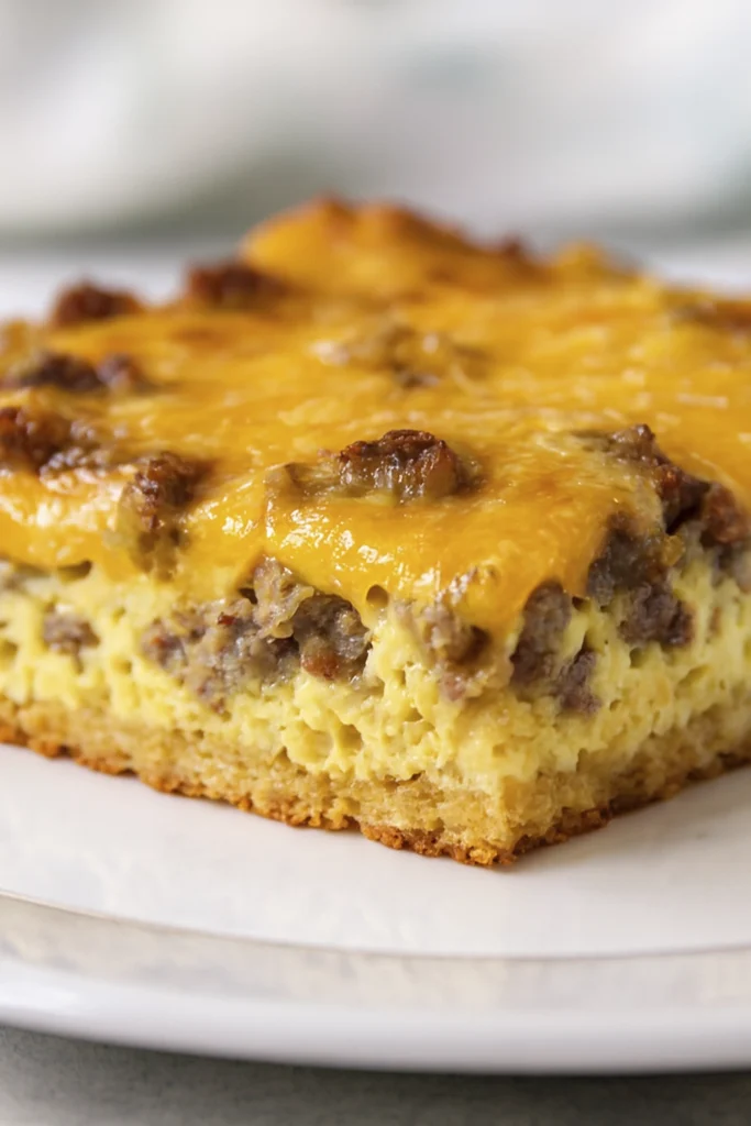 Close-up of a slice of sausage egg and cheese breakfast casserole on a white plate.