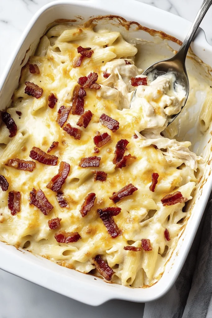 Creamy chicken bacon pasta bake in a white dish with melted cheese and crispy bacon, top-down view.