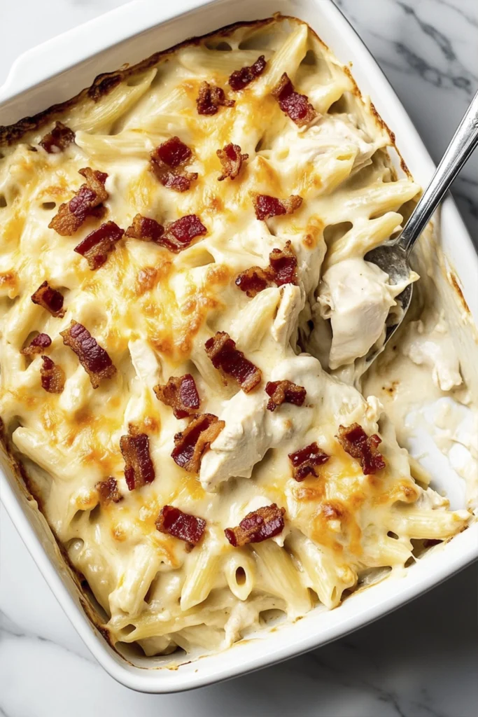 Creamy chicken bacon pasta bake in a white dish with melted cheese and crispy bacon, top-down view.