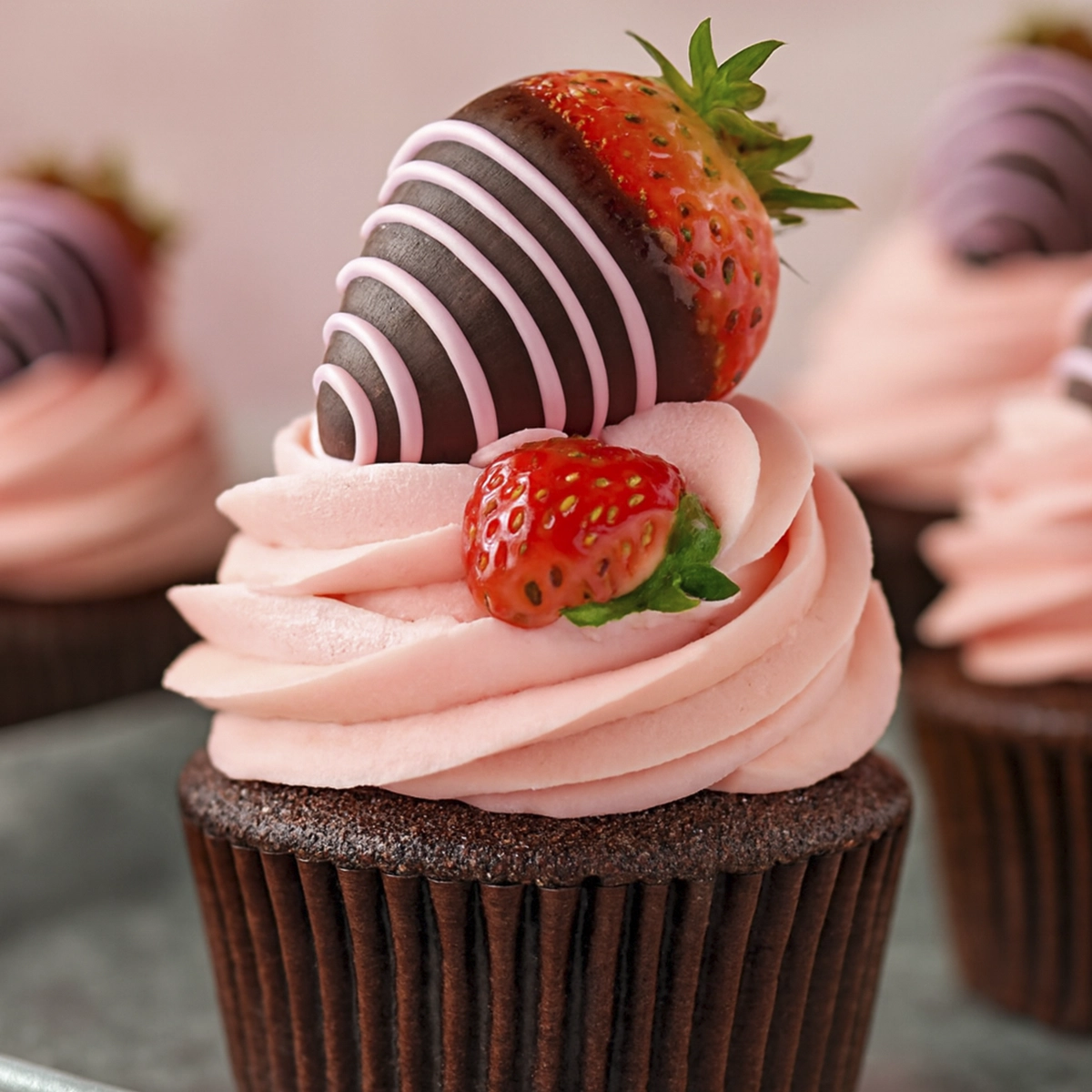 Bite taken out of a chocolate cupcake with pink frosting and a chocolate-covered strawberry on top.