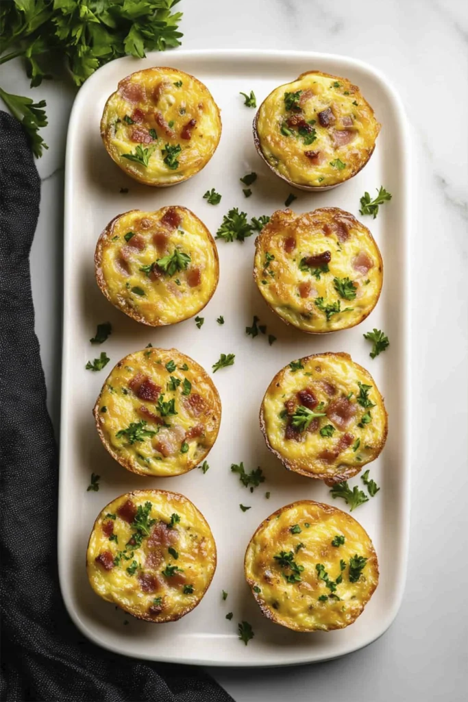Top-down view of savory egg muffins with bacon, cheese, and herbs arranged on a white serving platter.