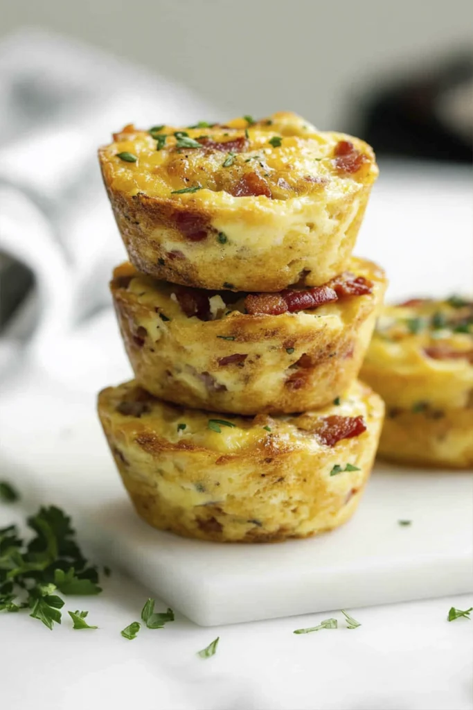 Stacked savory egg muffins with bacon and cheese on a white marble surface.