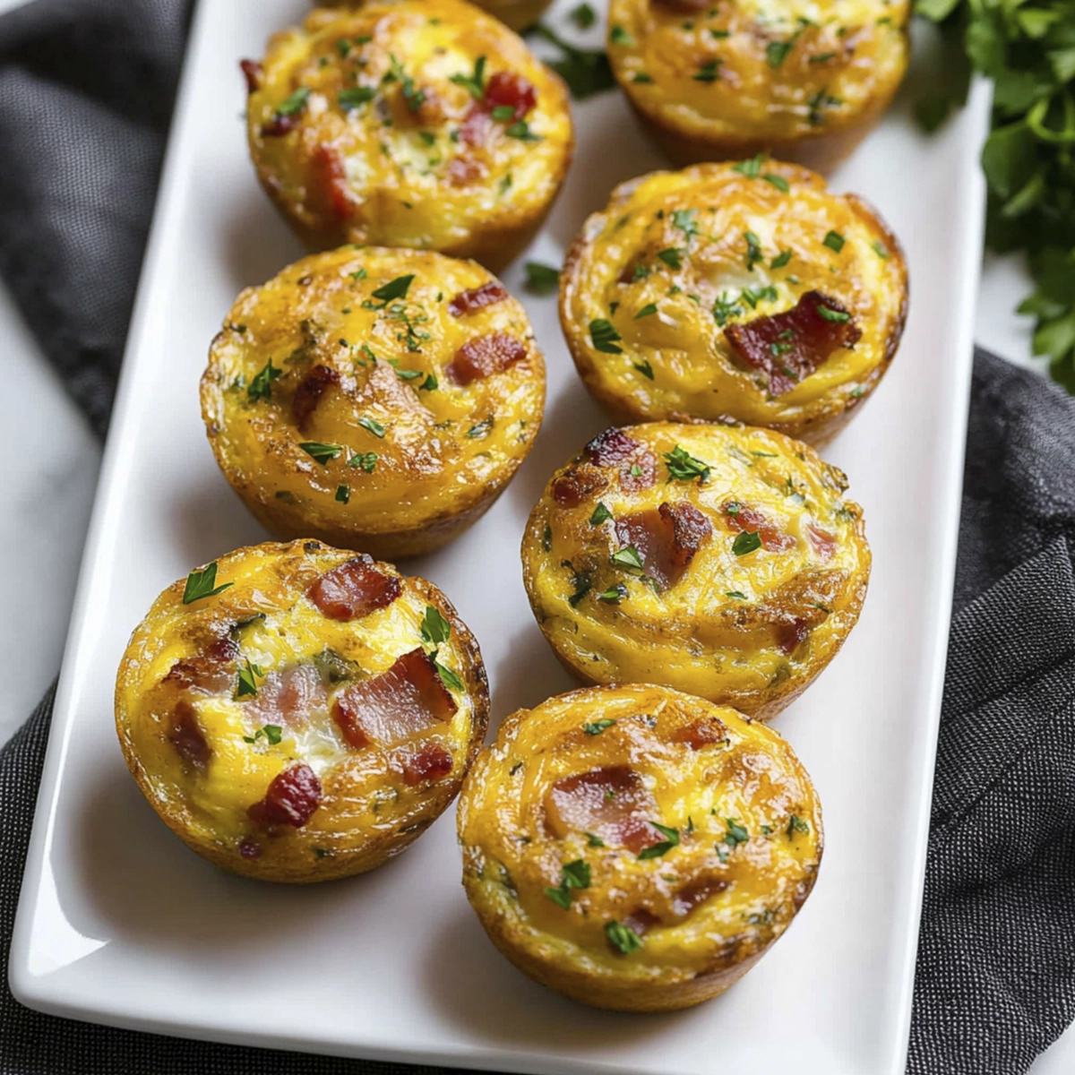 Bacon and cheese egg muffin cups garnished with parsley on a white serving plate.