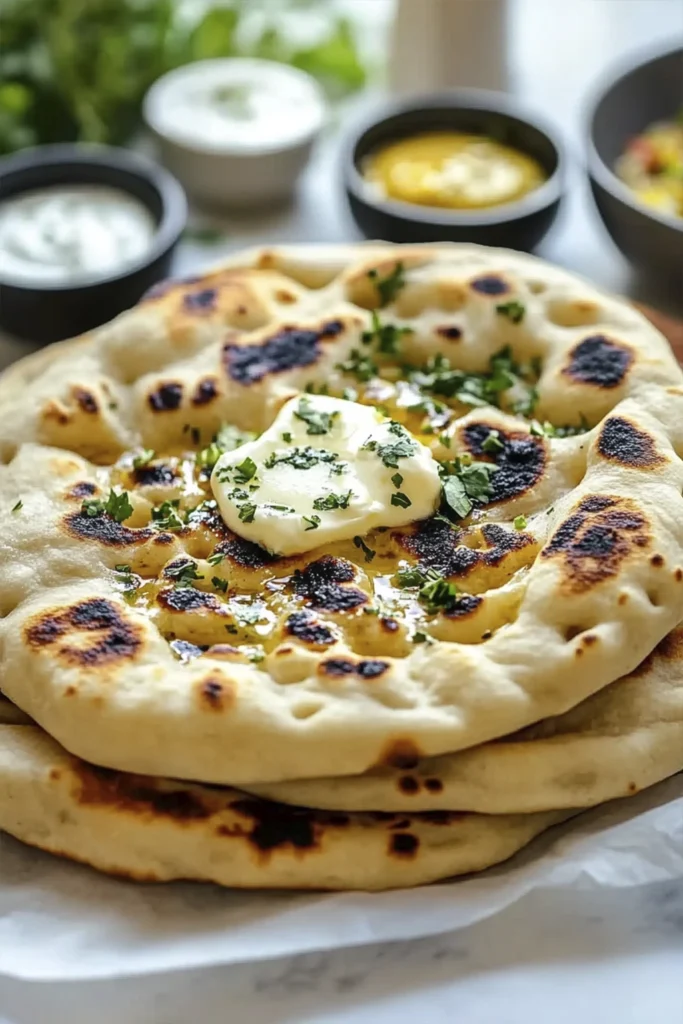 Stacked buttered naan flatbreads with golden char marks served with yogurt sauce and olive oil.