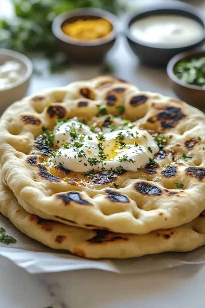 Freshly grilled naan flatbread topped with butter, cheese, and herbs served with dipping sauces.