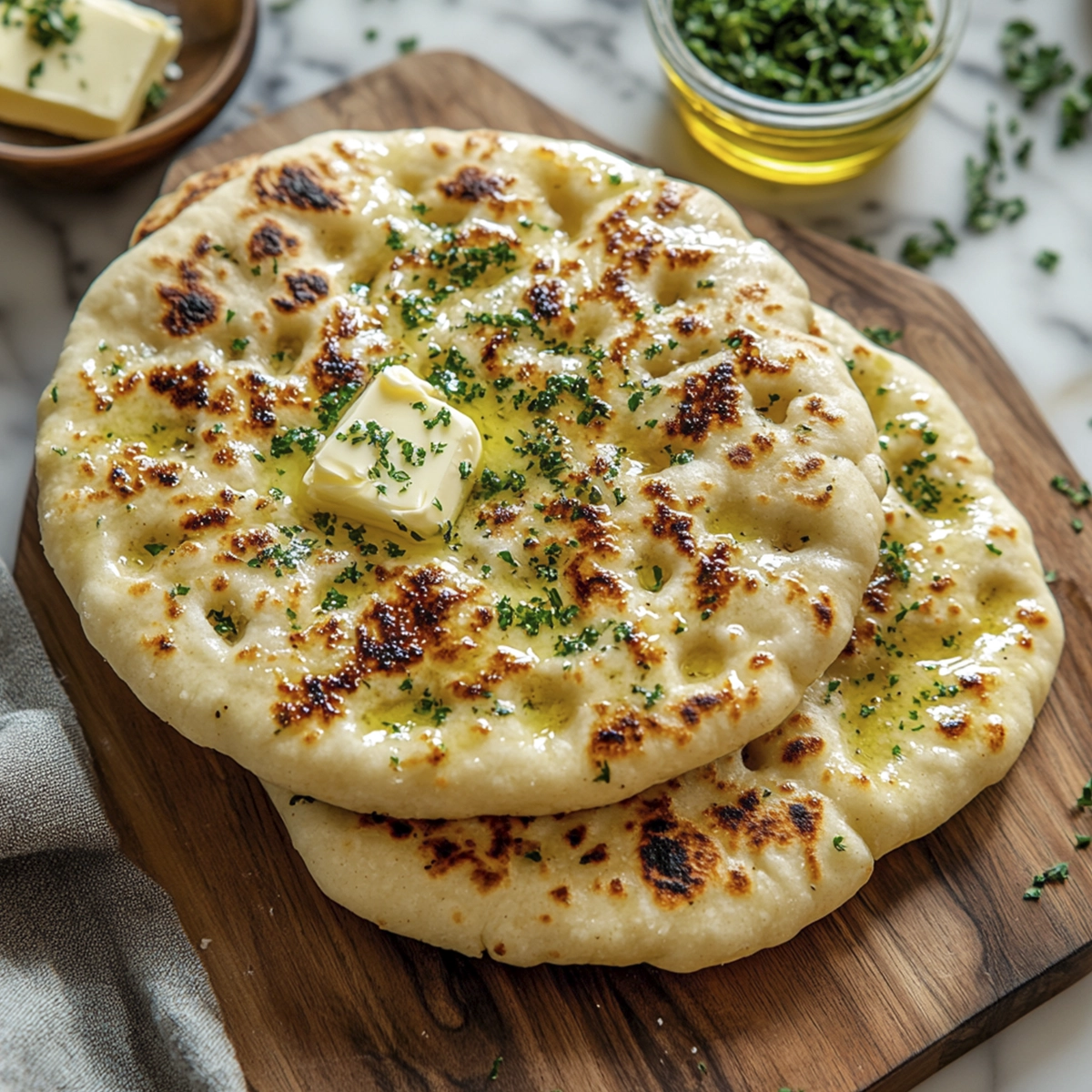 Golden garlic naan bread brushed with melted butter and parsley, stacked on a wooden board with oil and herbs.