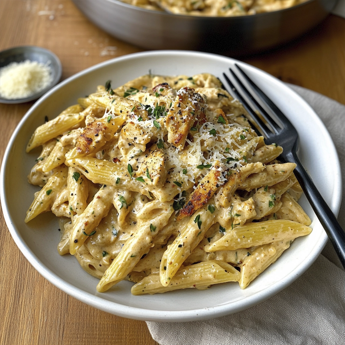 Creamy chicken penne pasta topped with parmesan and parsley in a white bowl on a wooden table.