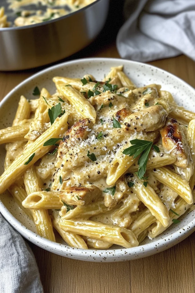Creamy chicken penne pasta topped with parmesan and parsley in a white bowl on a wooden table.