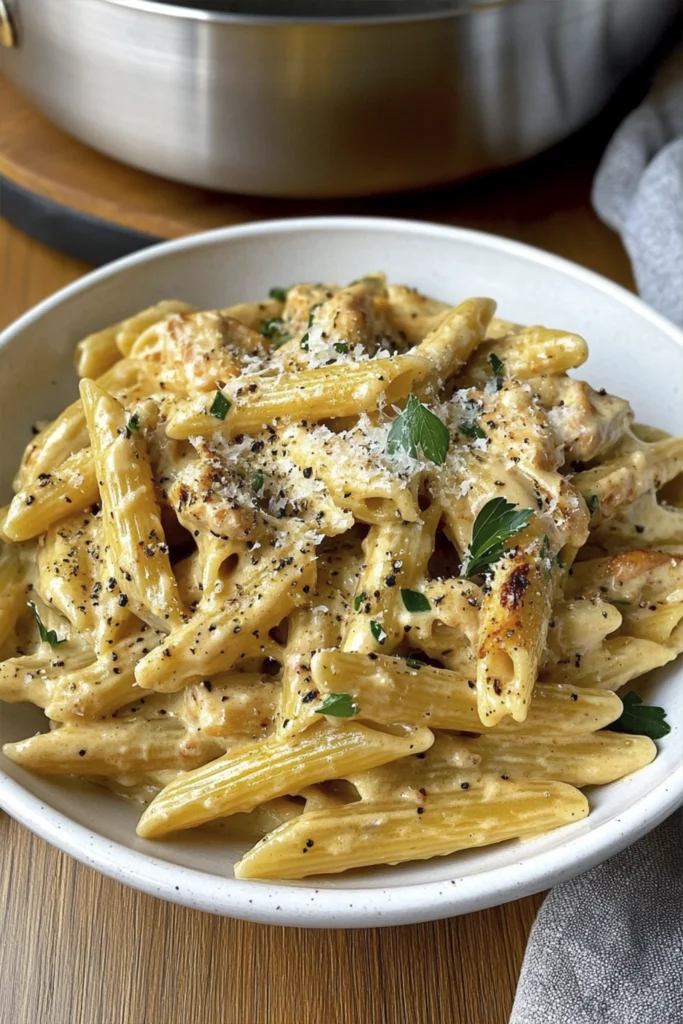 Creamy garlic parmesan chicken penne pasta topped with grated cheese and herbs in a white bowl.