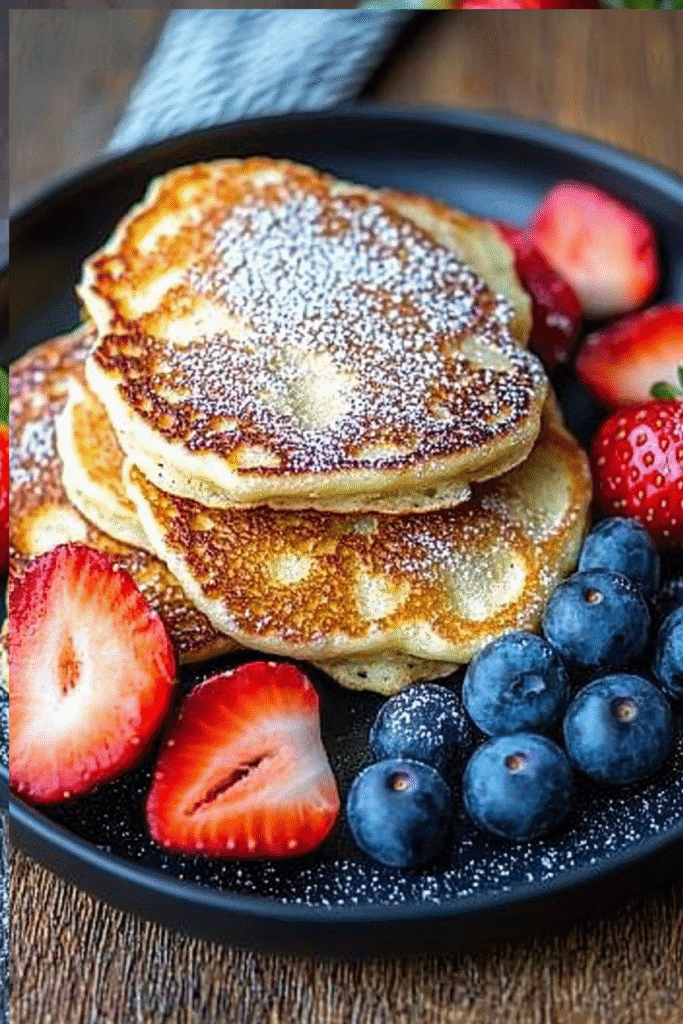 Close-up of golden pancakes dusted with powdered sugar served with fresh strawberries and blueberries on a black plate.