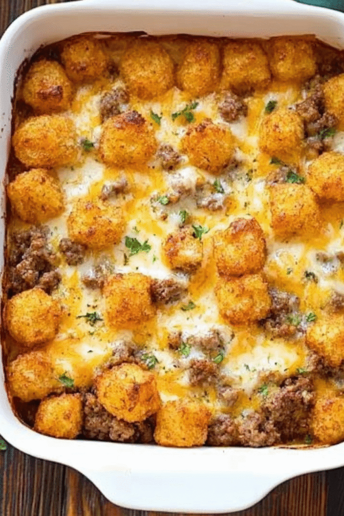 This hearty tater tot sausage breakfast casserole is loaded with melty cheese, savory sausage, and crispy tots—perfect for weekend brunches or meal prep mornings.