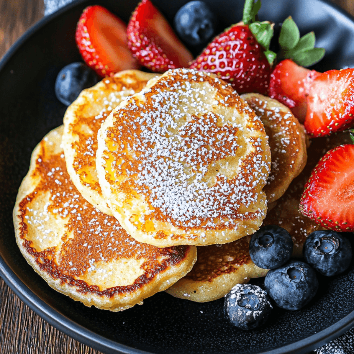 Golden pancakes dusted with powdered sugar served with fresh strawberries and blueberries on a dark plate.