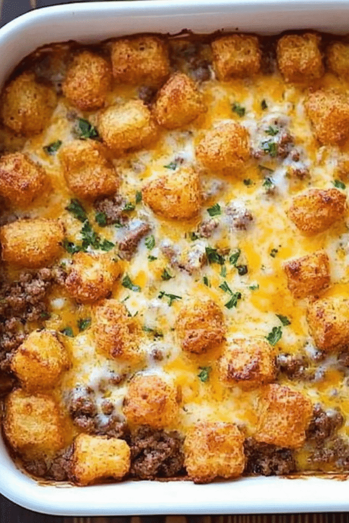 Golden baked tater tot casserole with melted cheese and seasoned ground beef in a white ceramic baking dish.
