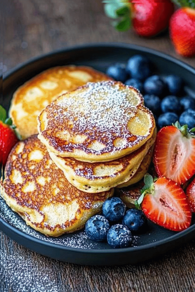 Golden syrniki pancakes dusted with powdered sugar, served with fresh strawberries and blueberries on a rustic plate.