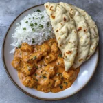 Plate of creamy butter chicken with basmati rice and garlic naan on a rustic background.