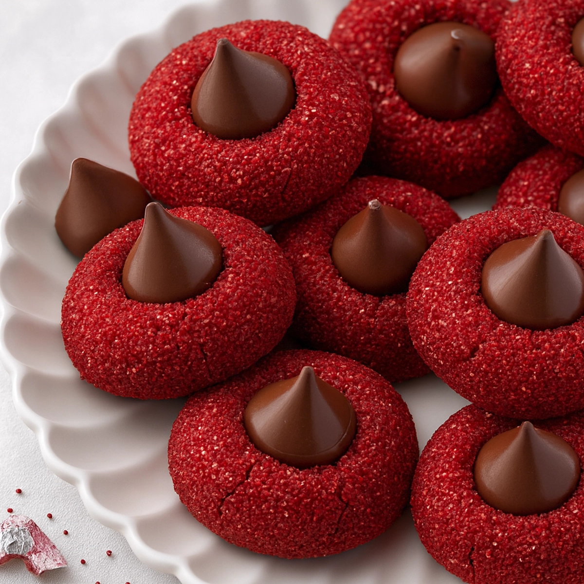 Red sugar cookies with chocolate kisses on a white plate.