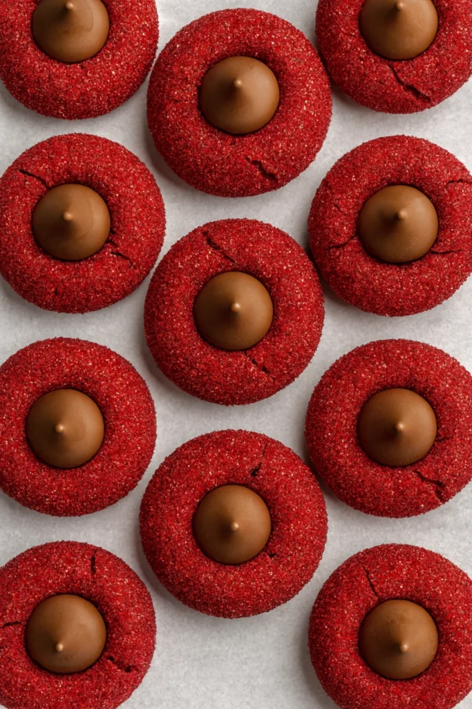 Overhead view of red sparkly blossom cookies with chocolate Kisses arranged in neat rows.