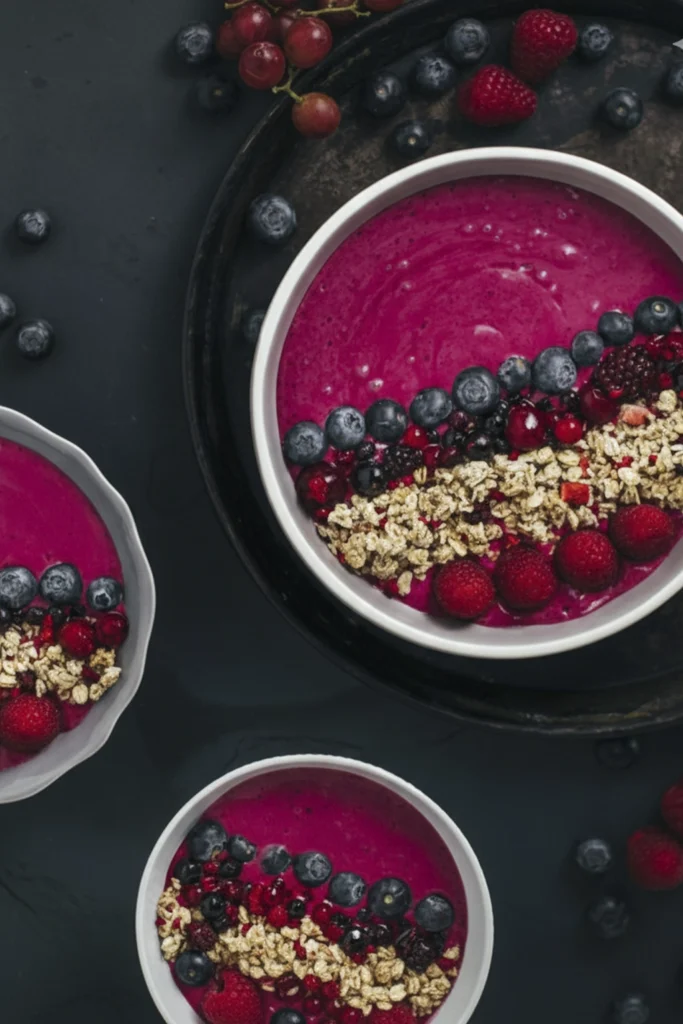 Deep purple smoothie bowl garnished with granola, blueberries, raspberries, and red currants on a black stone background.
