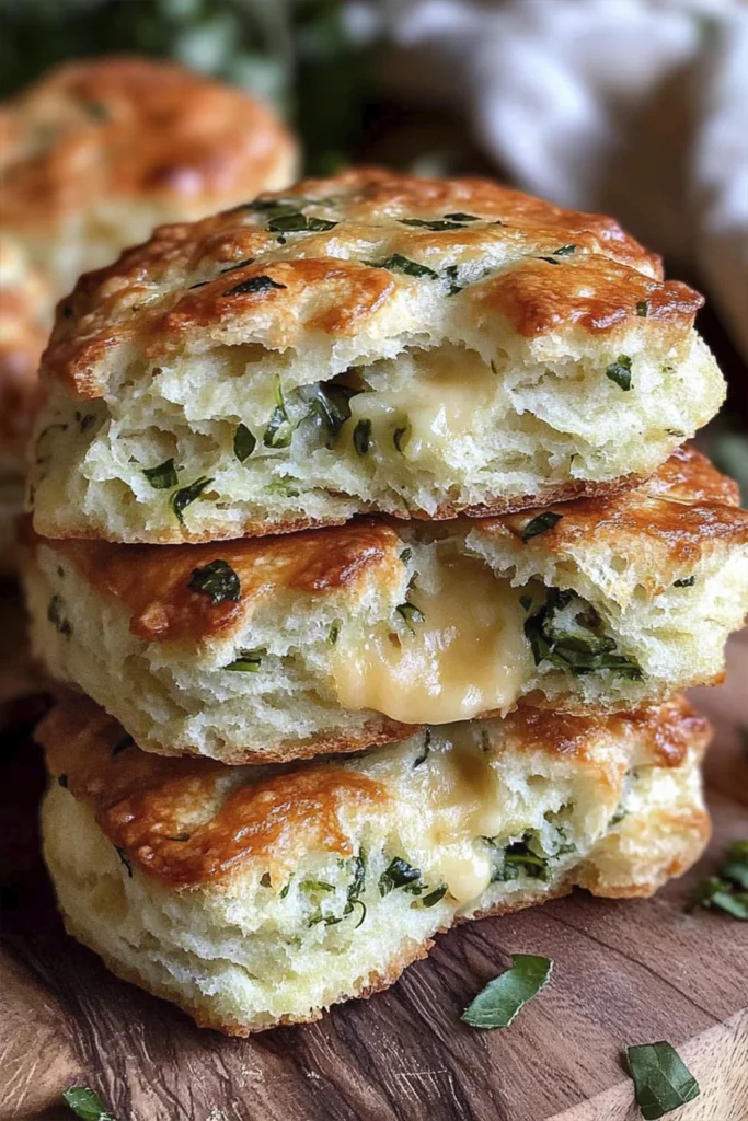 Stacked cheesy herb biscuits with a golden crust and fluffy interior on a wooden cutting board.