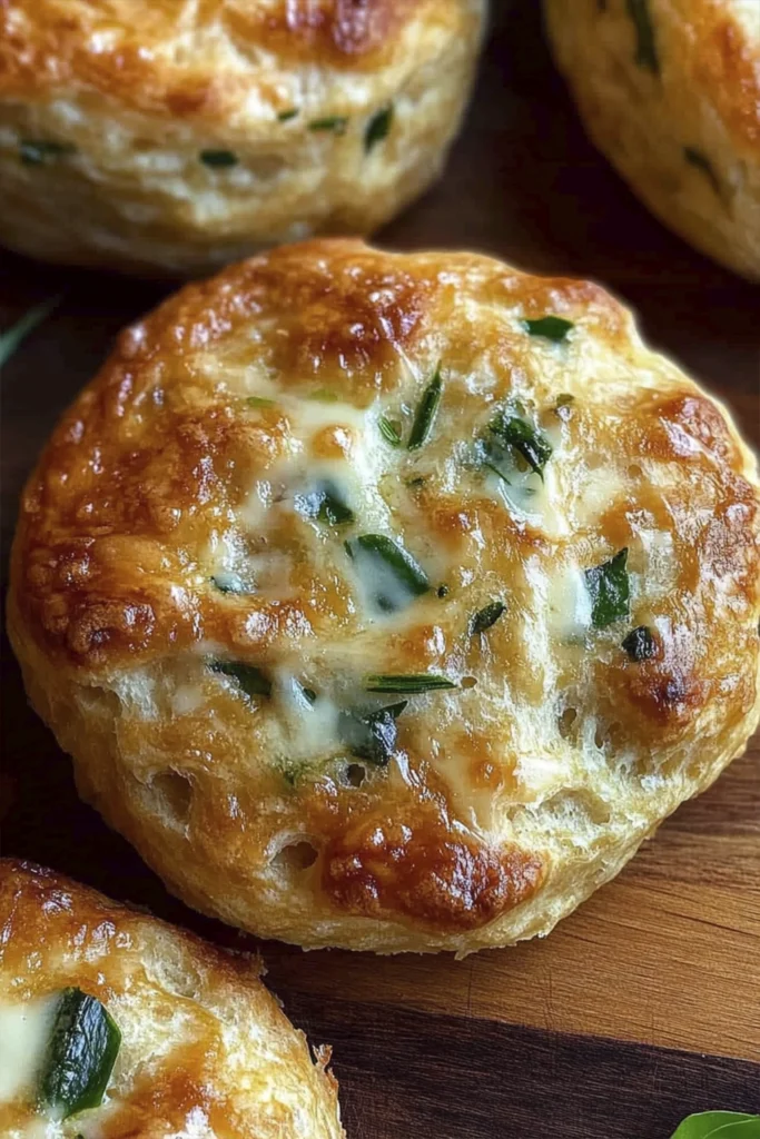 Golden brown herb-filled Turkish pogaca buns on a rustic wooden surface, freshly baked and fluffy.