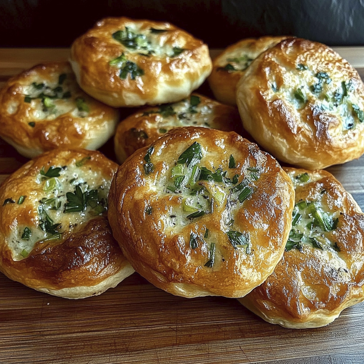 Golden brown herb-filled Turkish pogaca buns on a rustic wooden surface, freshly baked and fluffy.